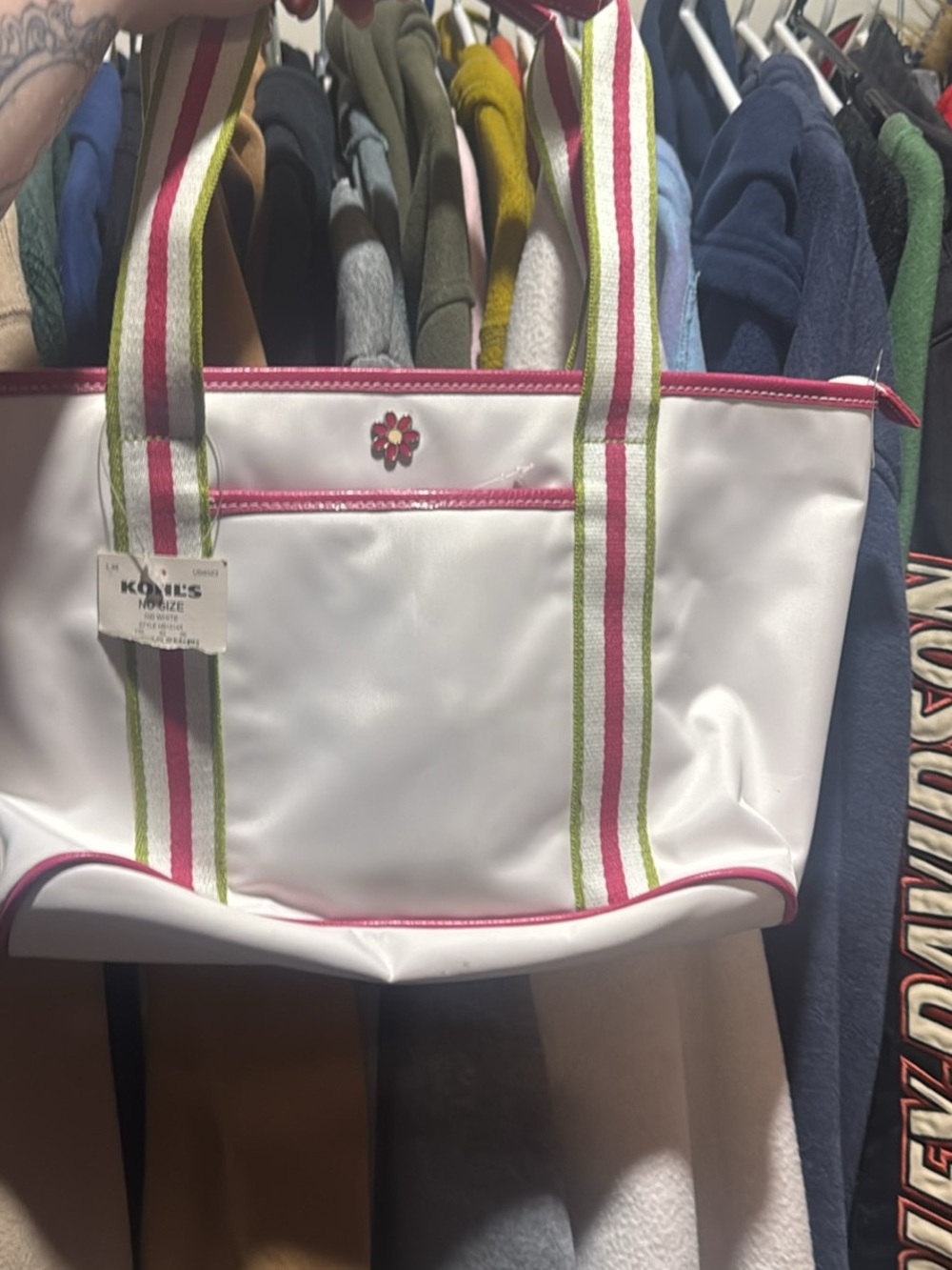 Sonoma White Tote with Pink & Green Striped Handles